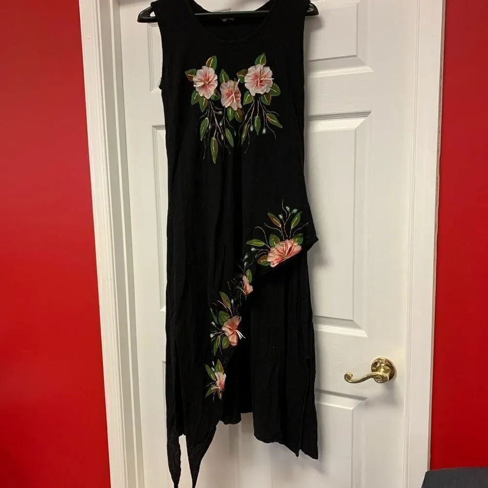 Chali Black Lagenlook Painted & Floral Appliqué Dress sz L